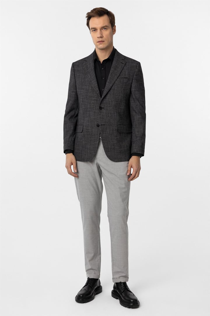 Siyah Regular Fit Desenli Mono Yaka 4 Drop Ceket