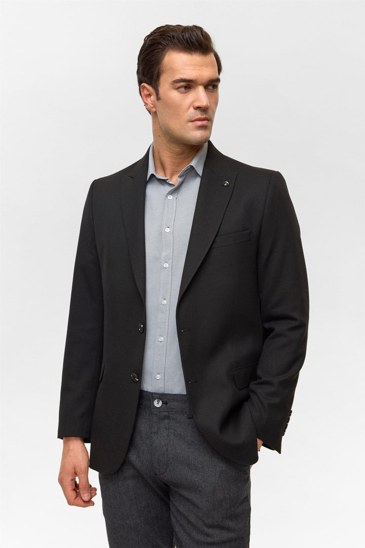 Siyah Regular Desenli Mono Yaka 6 Drop Ceket