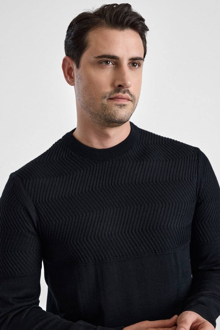 Siyah Regular Dikey Çizgili Bisiklet Yaka Kazak