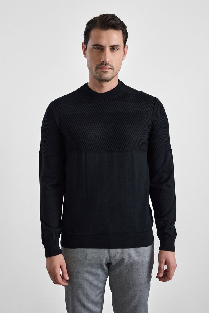 Siyah Regular Dikey Çizgili Bisiklet Yaka Kazak