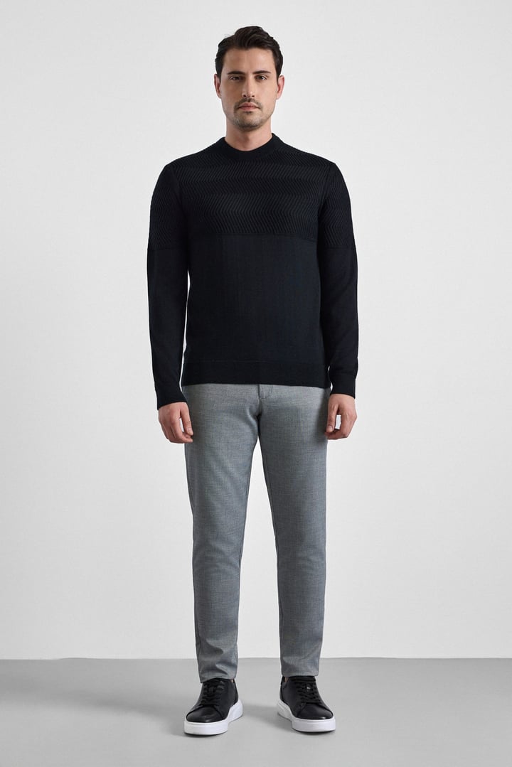 Siyah Regular Dikey Çizgili Bisiklet Yaka Kazak