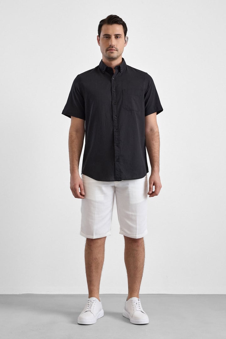 Siyah Regular Düğmeli Yaka Düz Kısa Kollu Casual Gömlek