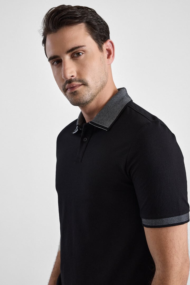 Siyah Regular Düz Baskısız Pike Düğmeli Polo Yaka Nefes Alabilen Tişört