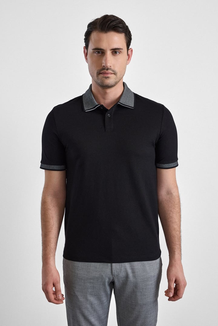 Siyah Regular Düz Baskısız Pike Düğmeli Polo Yaka Nefes Alabilen Tişört