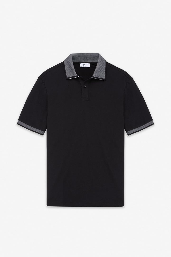 Siyah Regular Düz Baskısız Pike Düğmeli Polo Yaka Nefes Alabilen Tişört