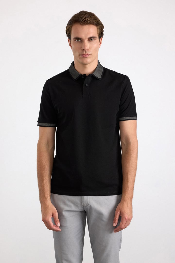Siyah Regular Düz Baskısız Pike Polo Yaka Standart Tişört