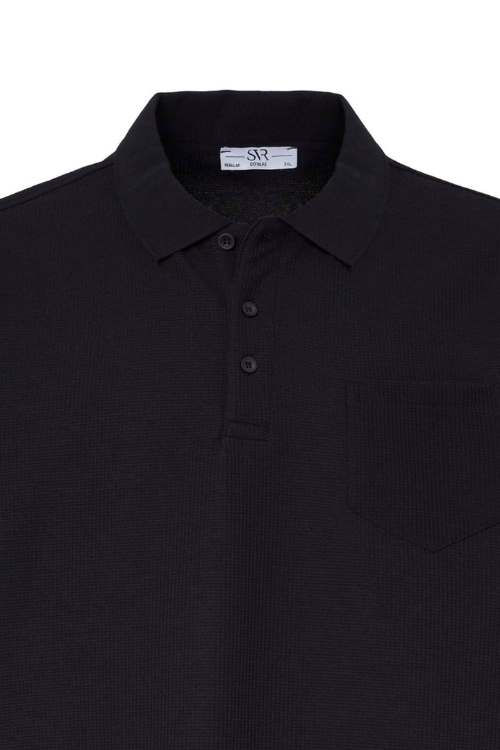 Siyah Regular Düz Baskısız Waffle Düğmeli Polo Yaka Standart Tişört