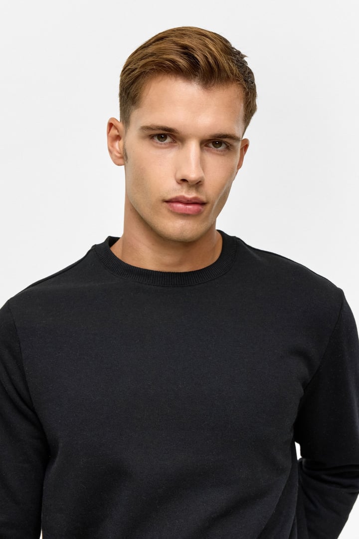 Siyah Regular Düz Bisiklet Yaka Sweatshirt