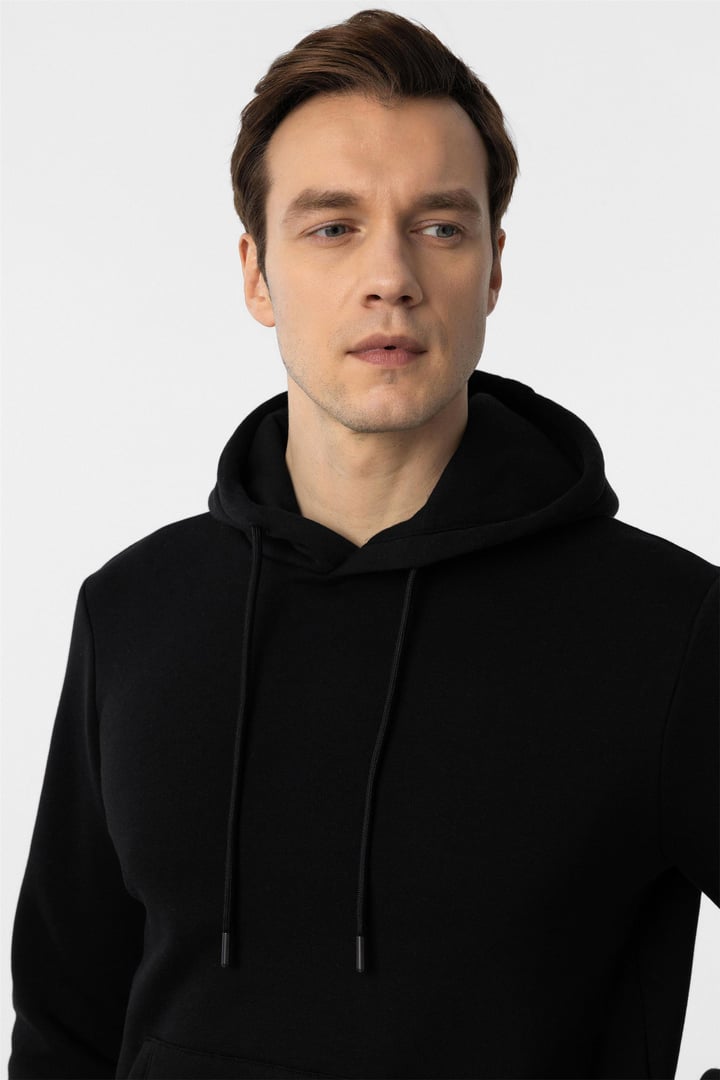 Siyah Regular Düz Kapüşonlu Yaka Sweatshirt