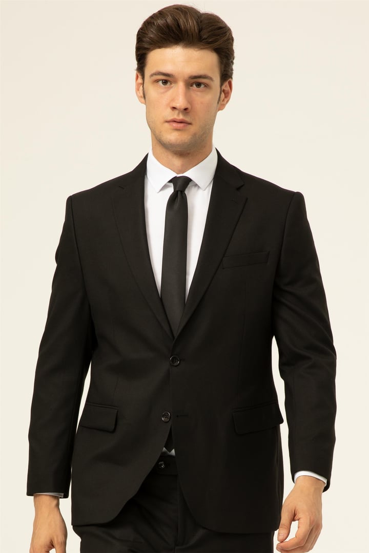 Siyah Regular Düz Mono Yaka 4 Drop Klasik Takım Elbise