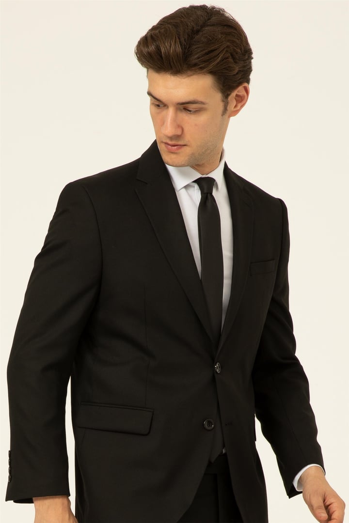 Siyah Regular Düz Mono Yaka 4 Drop Klasik Takım Elbise
