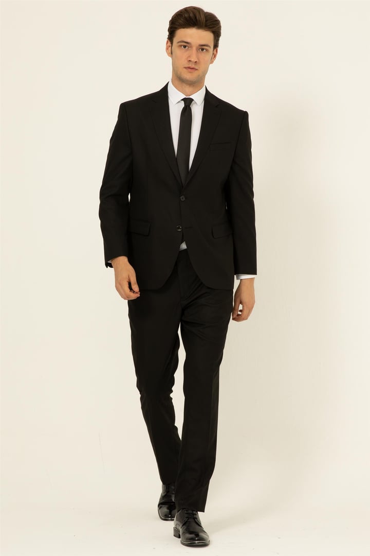 Siyah Regular Düz Mono Yaka 4 Drop Klasik Takım Elbise