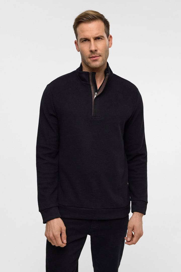 Siyah Regular Düz Polo Yaka Sweatshirt