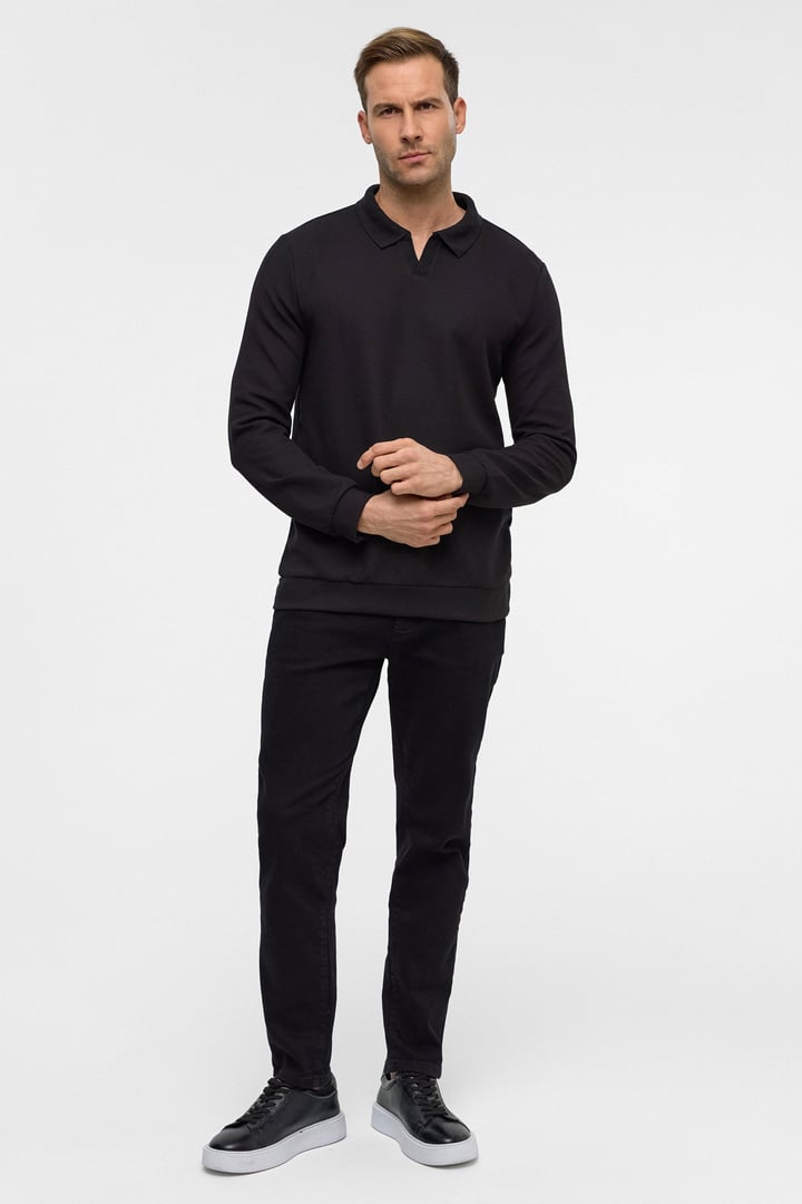 Siyah Regular Düz Polo Yaka Sweatshirt