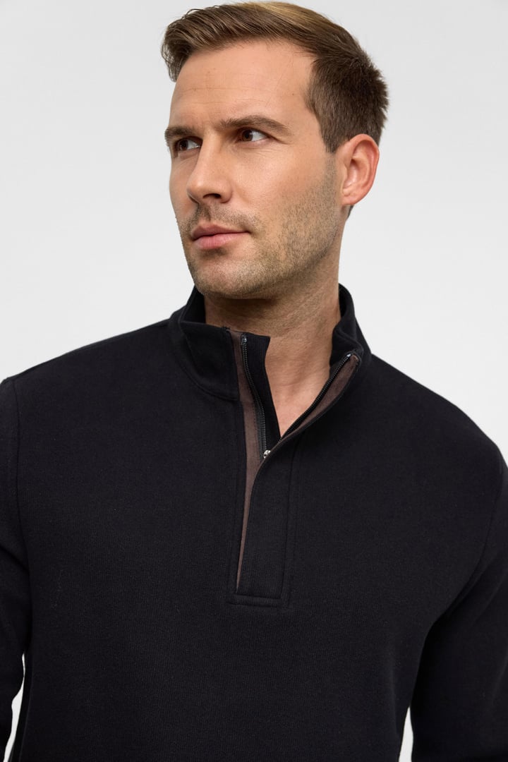 Siyah Regular Düz Polo Yaka Sweatshirt