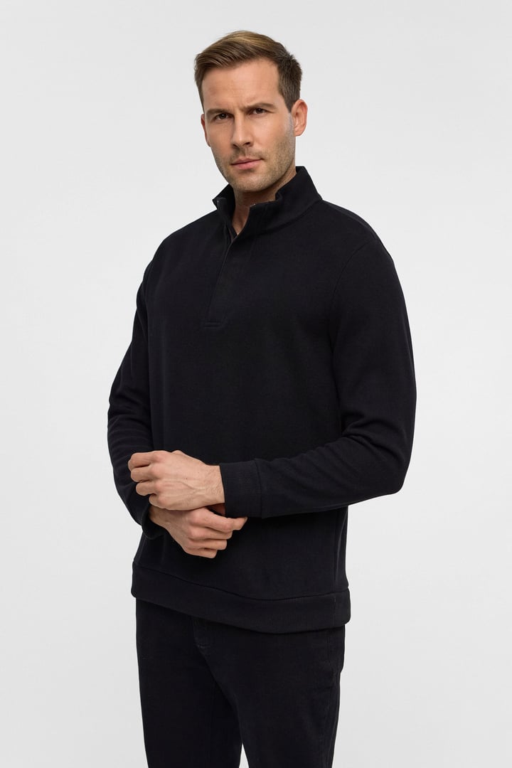 Siyah Regular Düz Polo Yaka Sweatshirt
