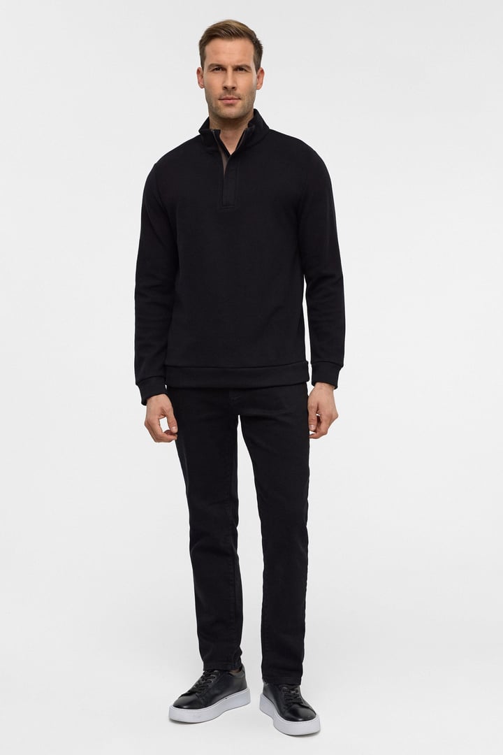 Siyah Regular Düz Polo Yaka Sweatshirt