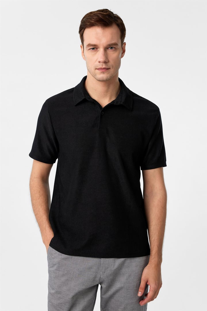 Siyah Regular Düz Polo Yaka Tişört