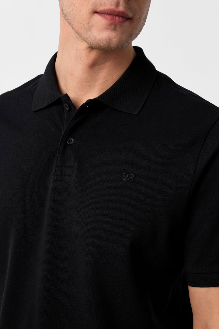 Siyah Regular Düz Polo Yaka Tişört