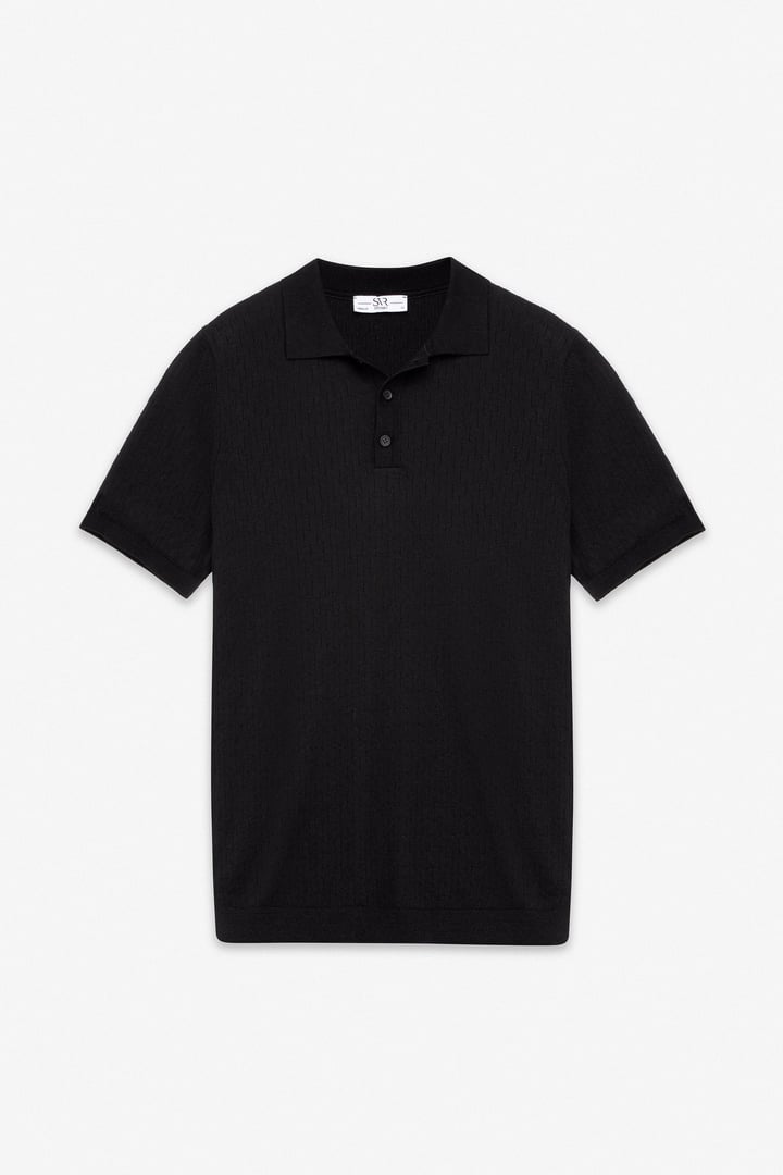 Siyah Regular Düz Polo Yaka Triko Tişört