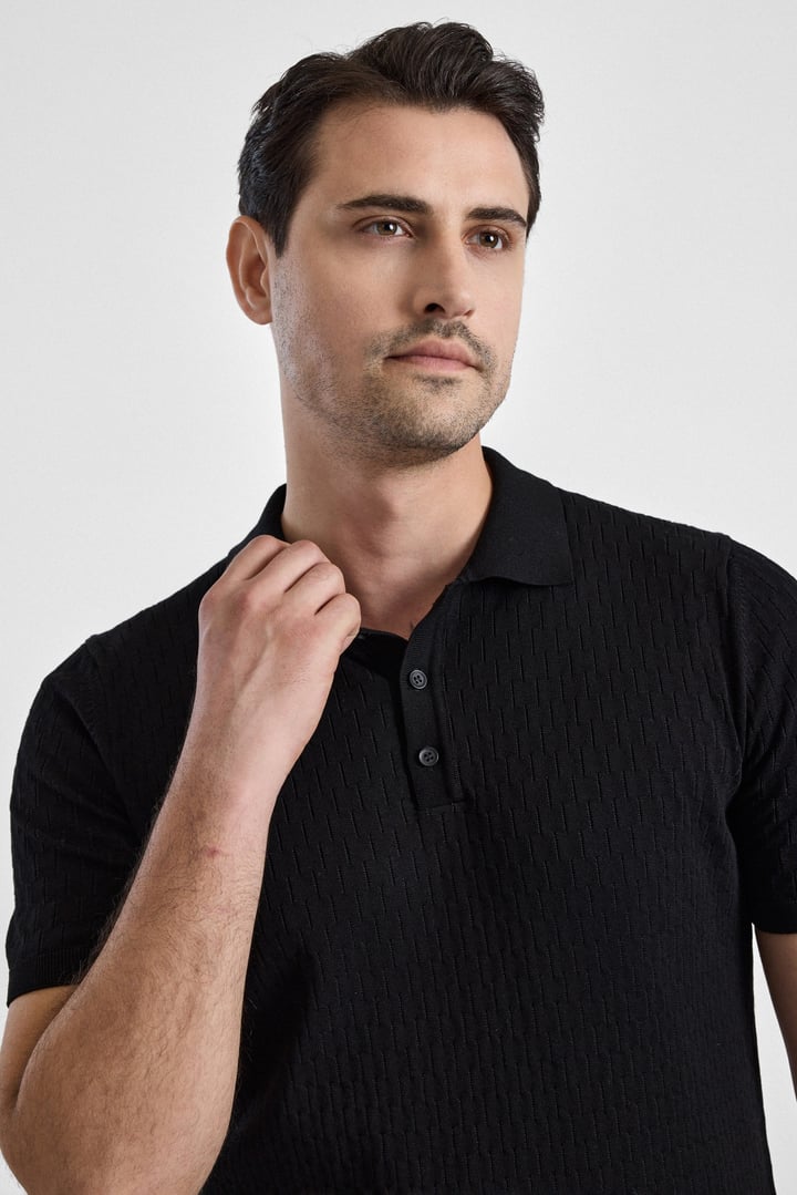 Siyah Regular Düz Polo Yaka Triko Tişört