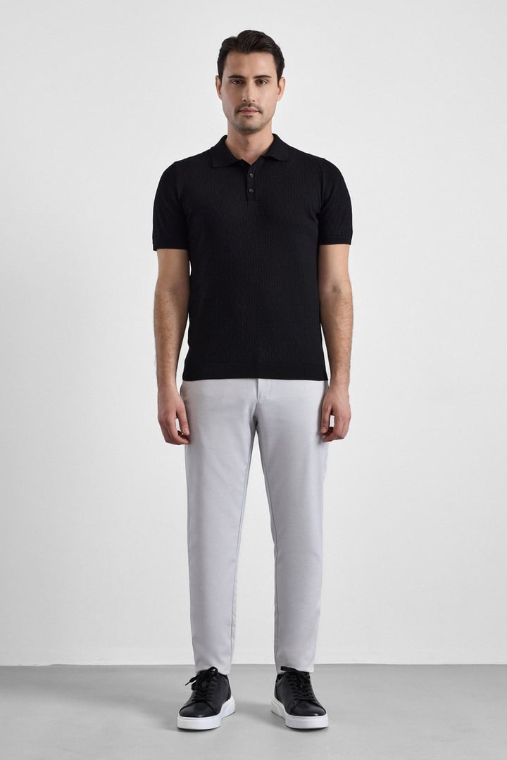 Siyah Regular Düz Polo Yaka Triko Tişört