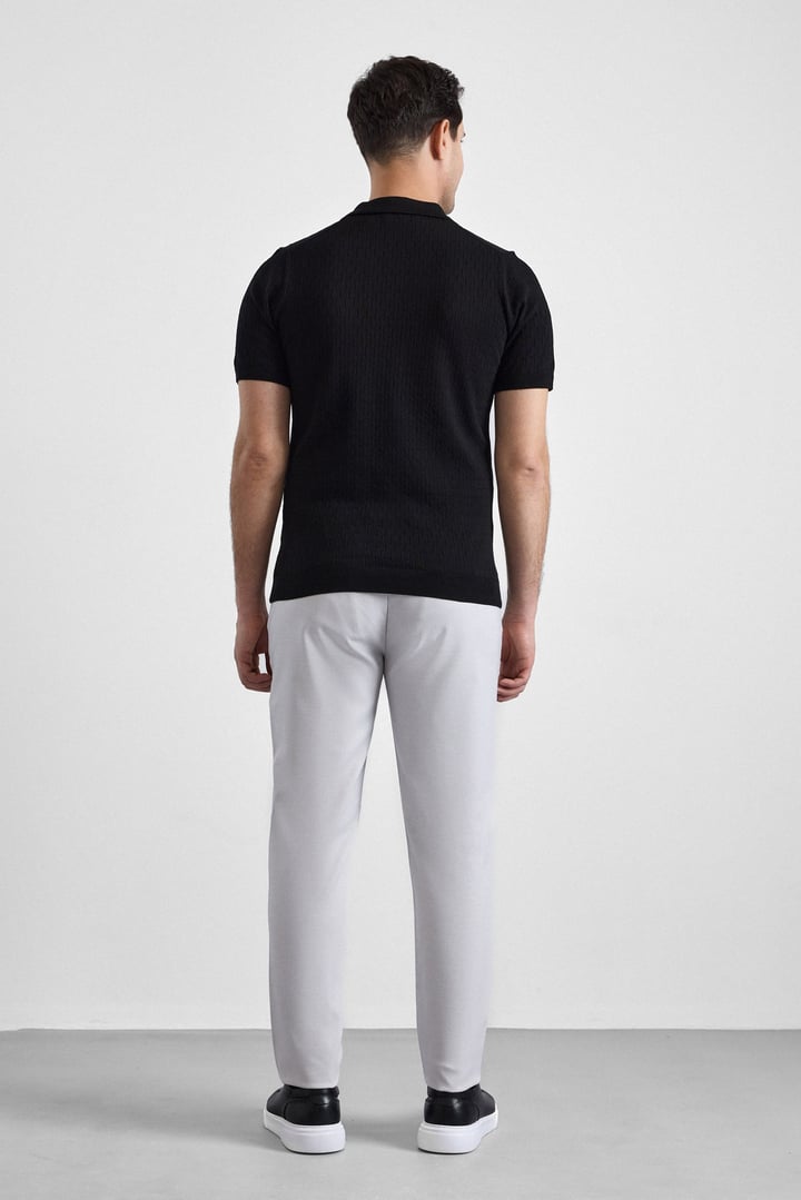 Siyah Regular Düz Polo Yaka Triko Tişört