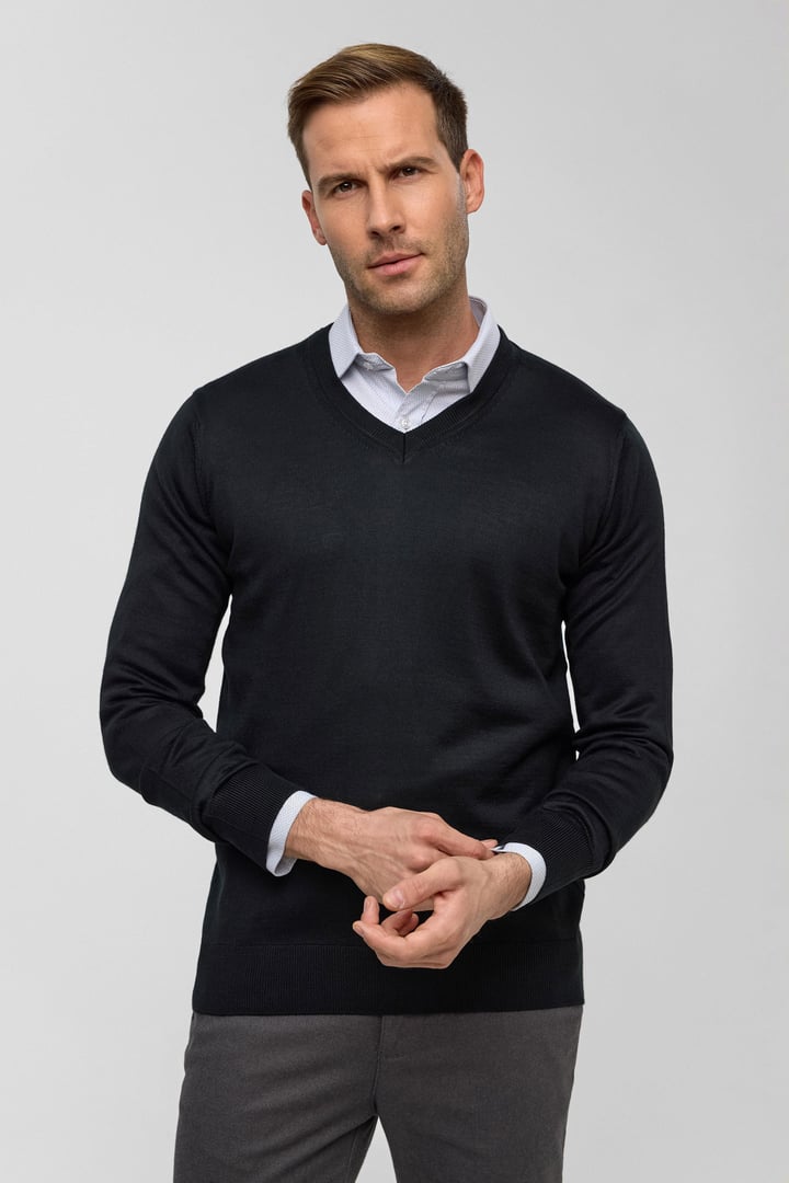 Siyah Regular Düz V Yaka Triko