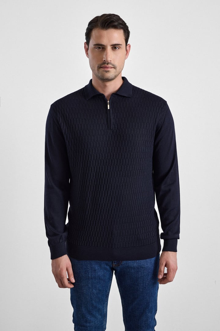 Siyah Regular Fermuarlı Polo Yaka Kazak