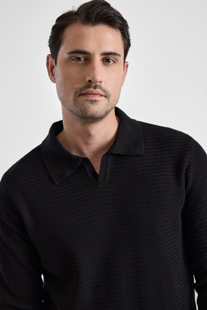 Siyah Regular Polo Yaka Kazak