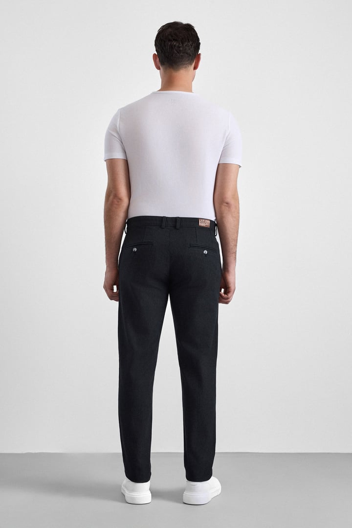 Siyah Slim Armürlü Kanvas Casual Pantolon