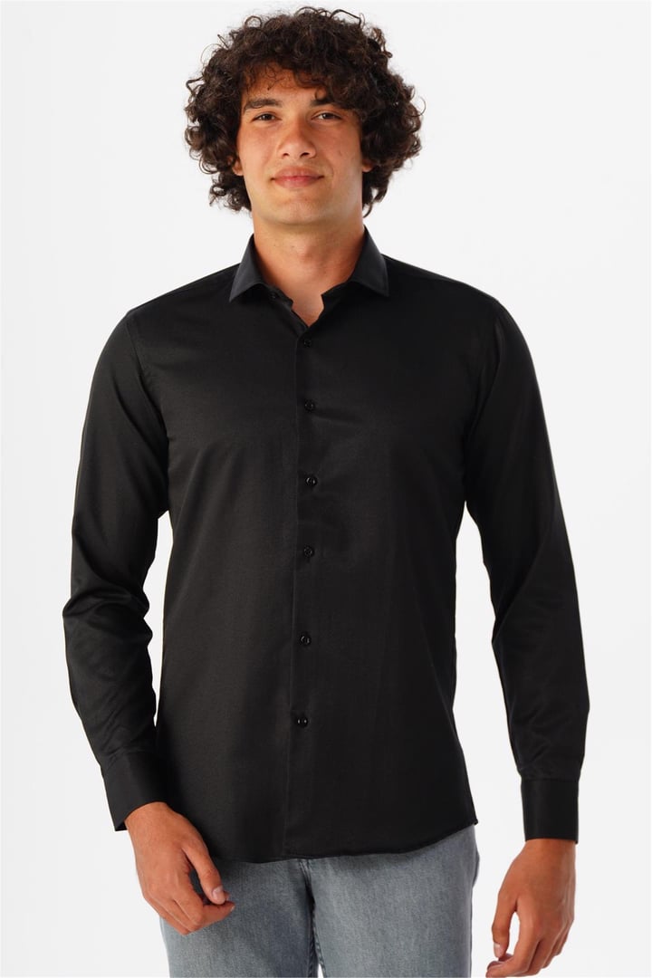 Siyah Slim Fit Armürlü Klasik Yaka Gömlek