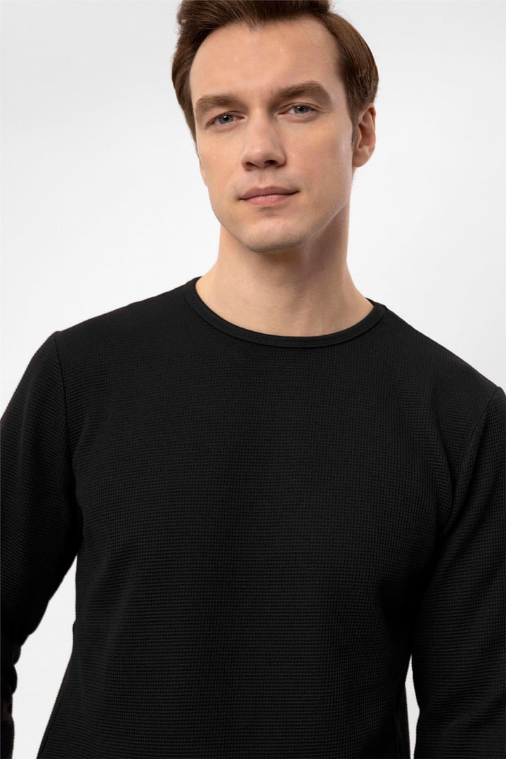 Siyah Slim Fit Armürlü Bisiklet Yaka Sweatshirt