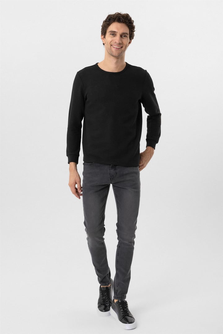 Siyah Slim Fit Armürlü Bisiklet Yaka Triko Kazak