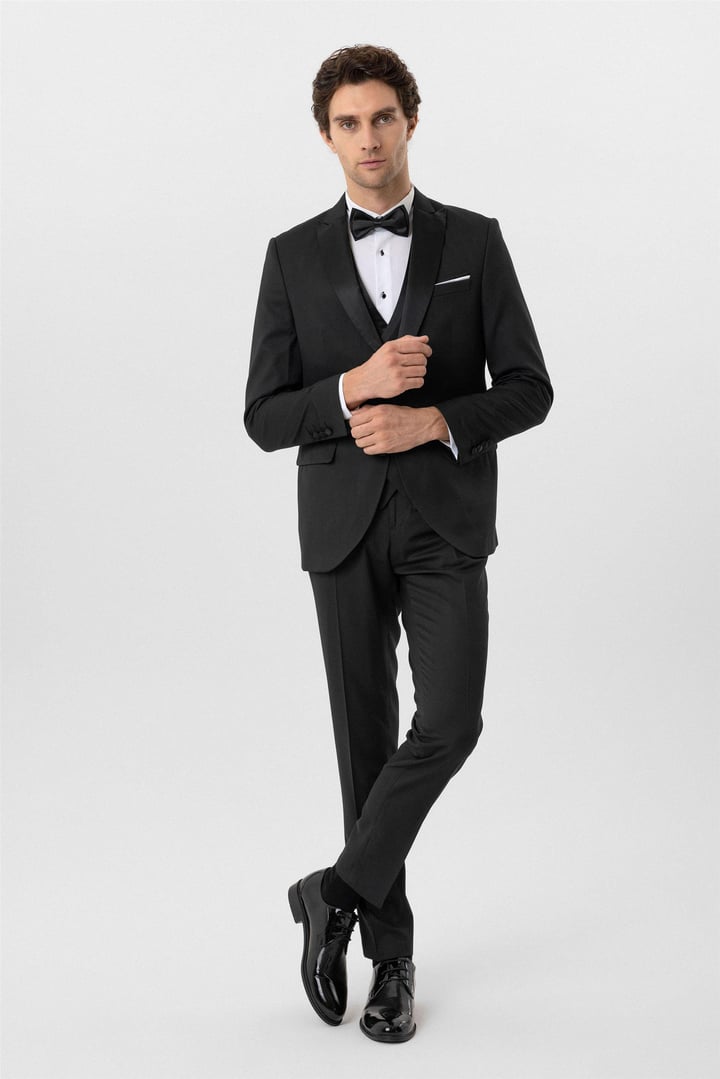 Siyah Slim Fit Armürlü Sivri Yaka 6 Drop Smokin & Damatlık