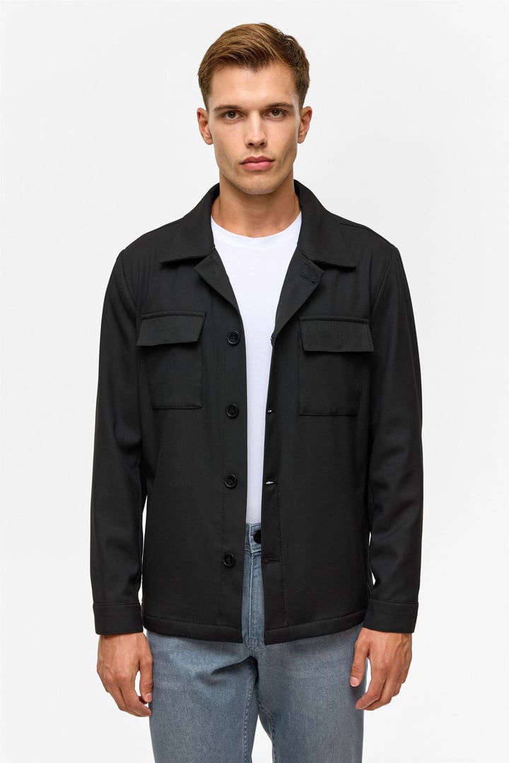 Siyah Slim Desenli Klasik Yaka Mont