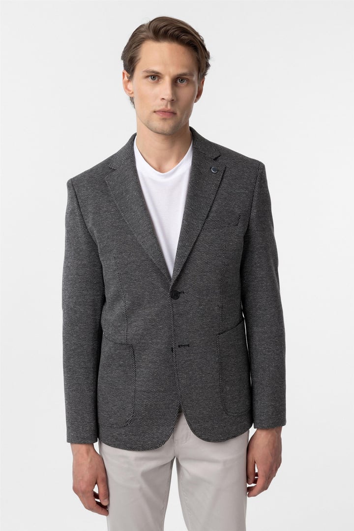 Siyah Slim Fit Desenli Mono Yaka 6 Drop Ceket