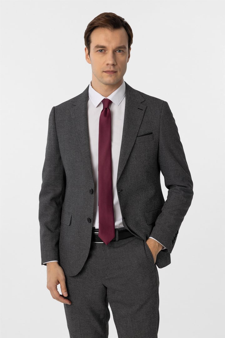 Siyah Slim Fit Desenli Mono Yaka 6 Drop Klasik Takım Elbise