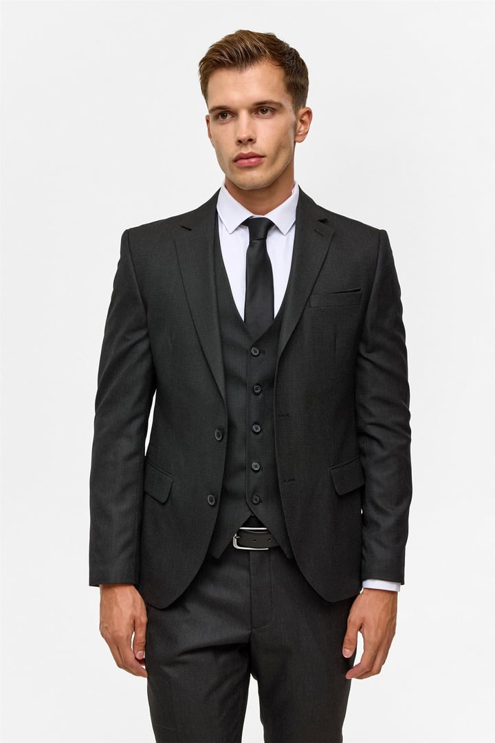 Siyah Slim Desenli Mono Yaka 6 Drop Yelekli Takım Elbise