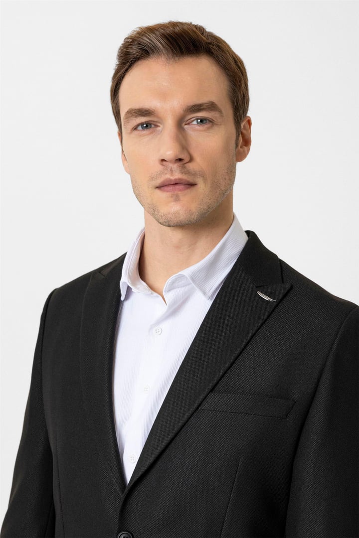 Siyah Slim Fit Desenli Sivri Yaka 6 Drop Spor Takım Elbise