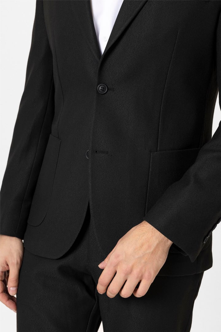 Siyah Slim Fit Desenli Sivri Yaka 6 Drop Spor Takım Elbise