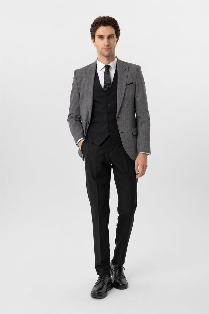 Siyah Slim Fit Desenli Sivri Yaka 6 Drop Yelekli Klasik Takım Elbise