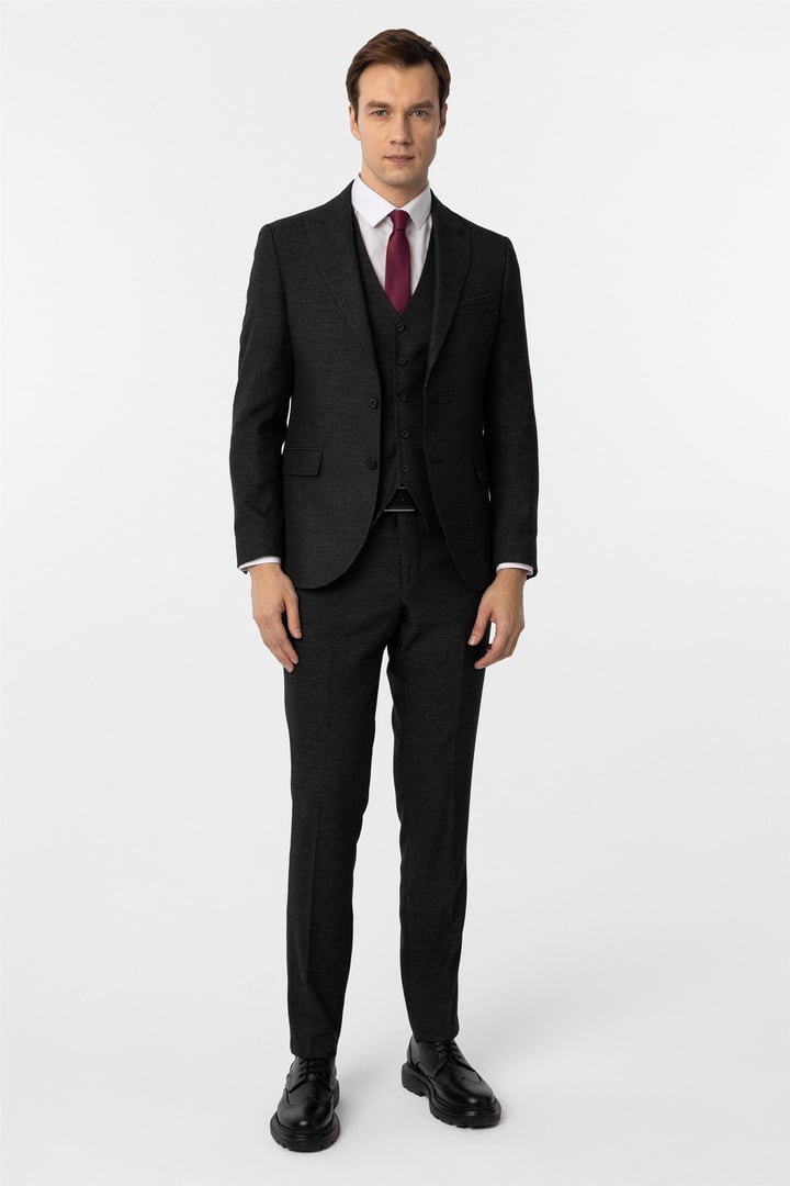 Siyah Slim Fit Desenli Sivri Yaka 6 Drop Yelekli Klasik Takım Elbise