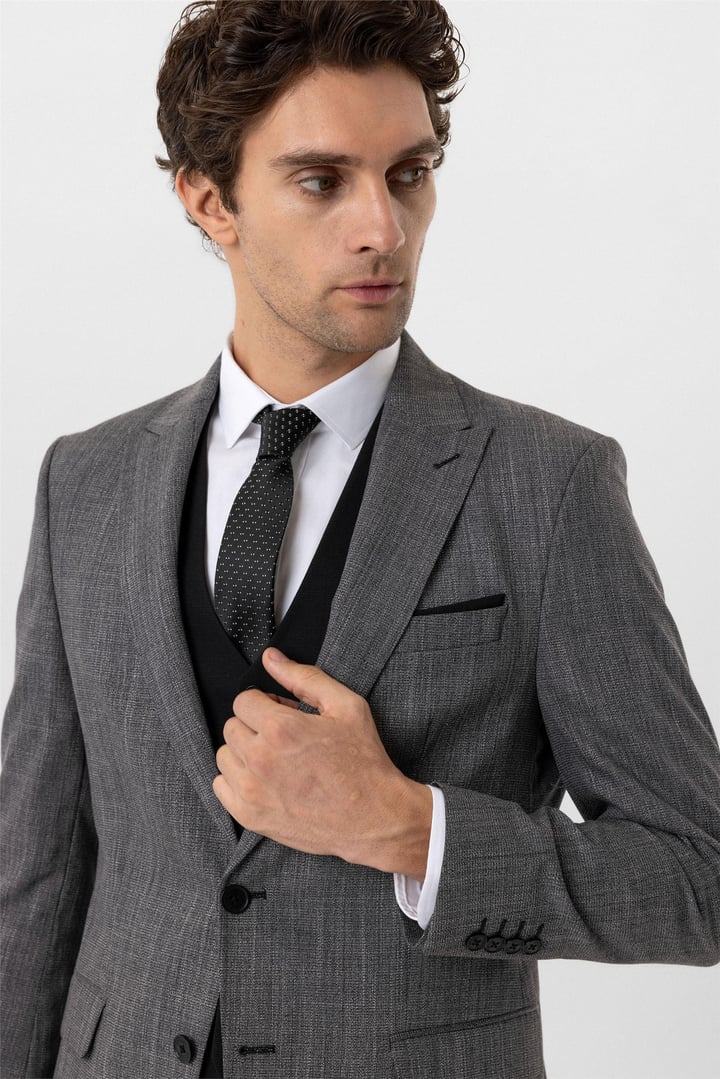 Siyah Slim Fit Desenli Sivri Yaka 6 Drop Yelekli Klasik Takım Elbise