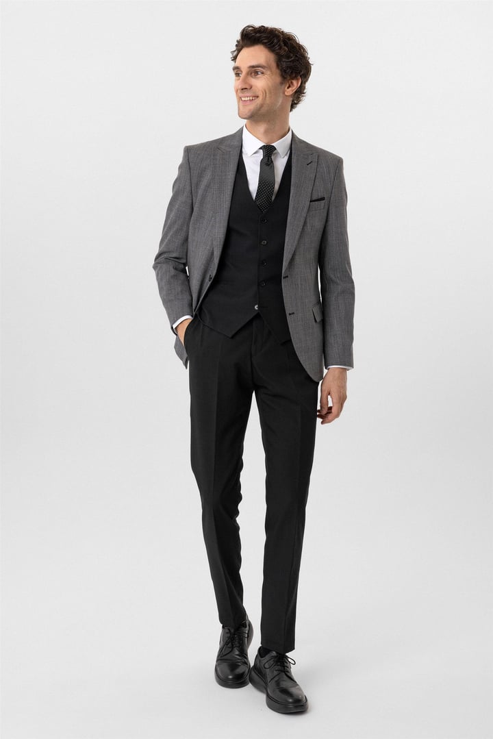Siyah Slim Fit Desenli Sivri Yaka 6 Drop Yelekli Klasik Takım Elbise