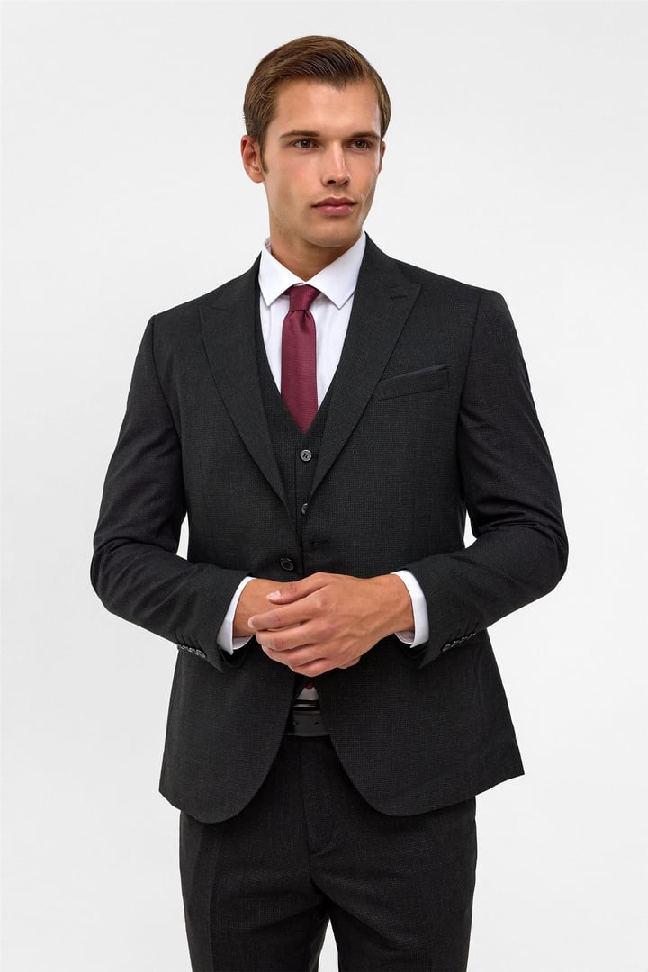 Siyah Slim Desenli Sivri Yaka 6 Drop Yelekli Takım Elbise