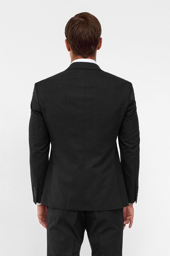 Siyah Slim Desenli Sivri Yaka 6 Drop Yelekli Takım Elbise