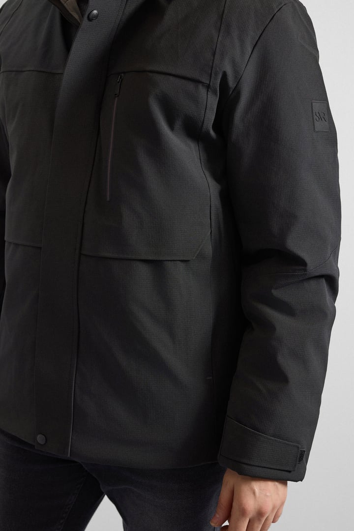 Siyah Slim Dik Yaka Düz Yan Cepli Fermuar + Çıtçıt Kapitone Standart Mont