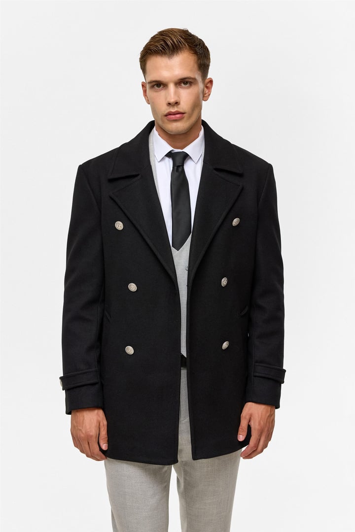 Siyah Slim Düz Kruvaze Yaka Kaban