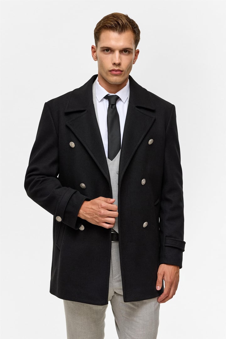 Siyah Slim Düz Kruvaze Yaka Kaban